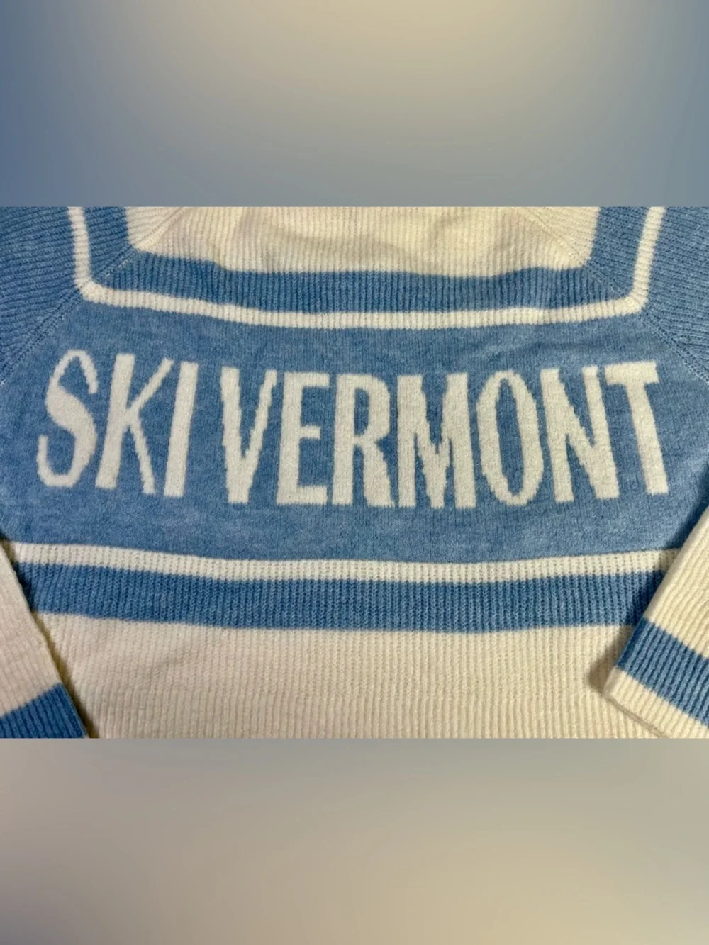 Forever 21 White & Light Blue 'SKI VERMONT' Stripe Knit Pullover